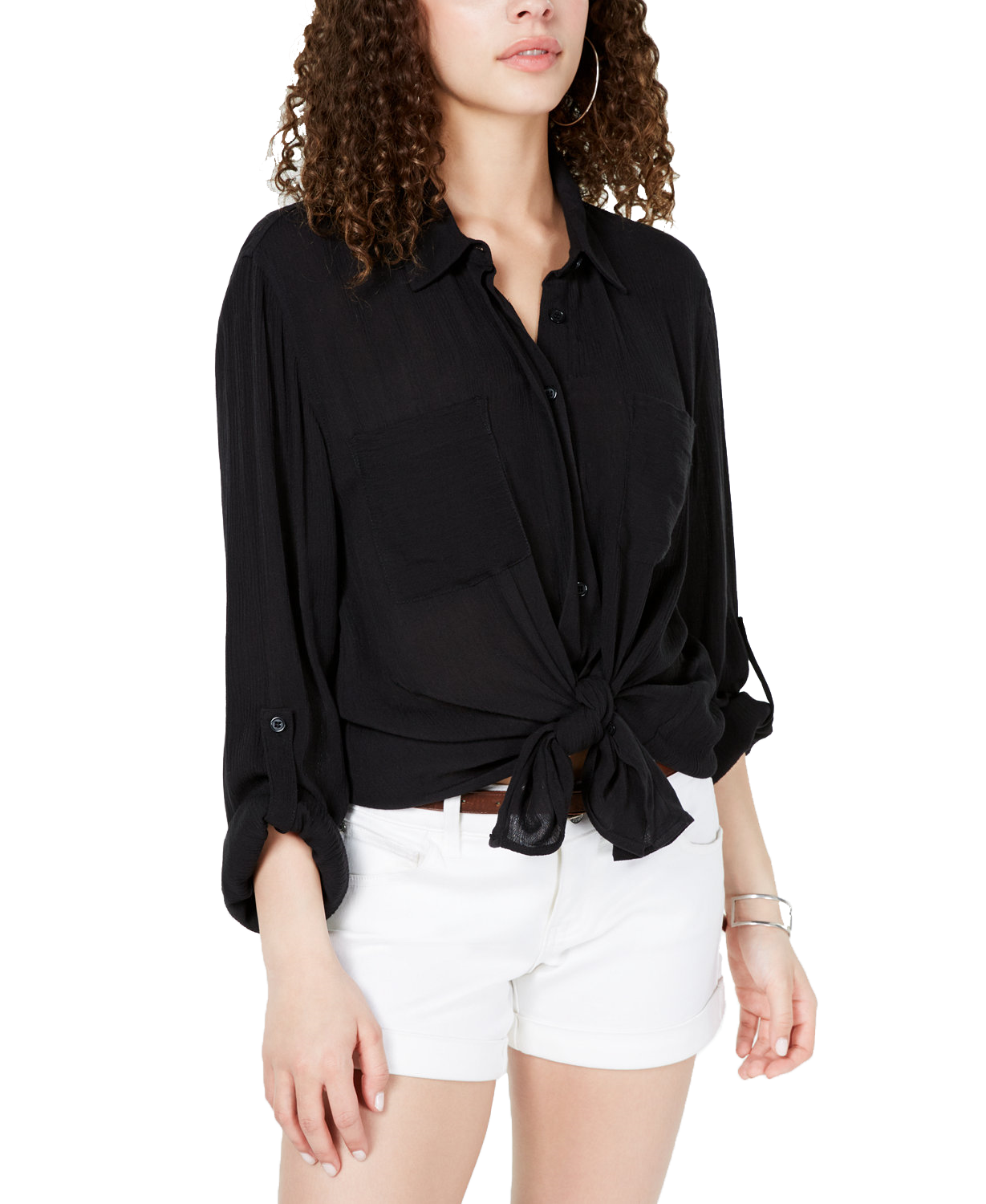 Hippie Rose Women Tie Front Utility Shirt Black