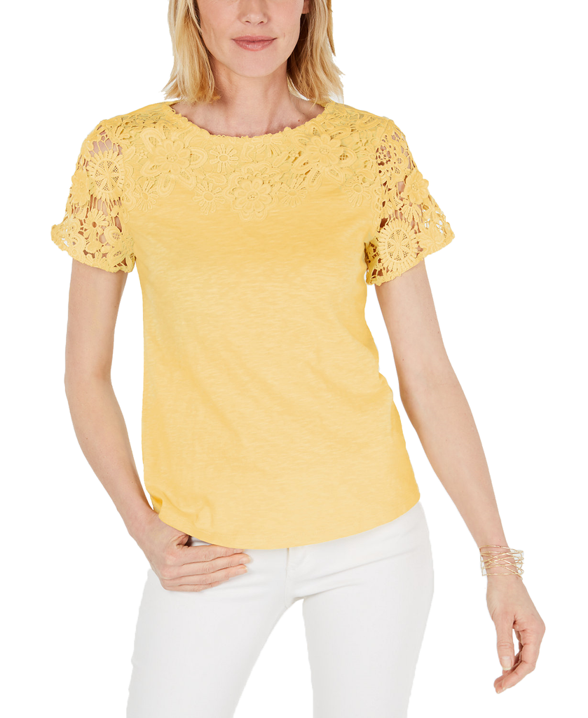 Charter Club Women Petite Cotton Embroidered T Shirt Citron Aura