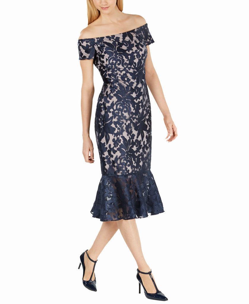 Calvin Klein Women Off The Shoulder Lace Midi Dress Indigo Nude