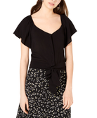 Gypsies & Moondust Women Flutter Sleeve Button Front Top Black