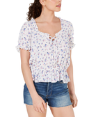 Ultra Flirt Women Printed Ruffled Cap Sleeve Top Ivory Ditsy Floral