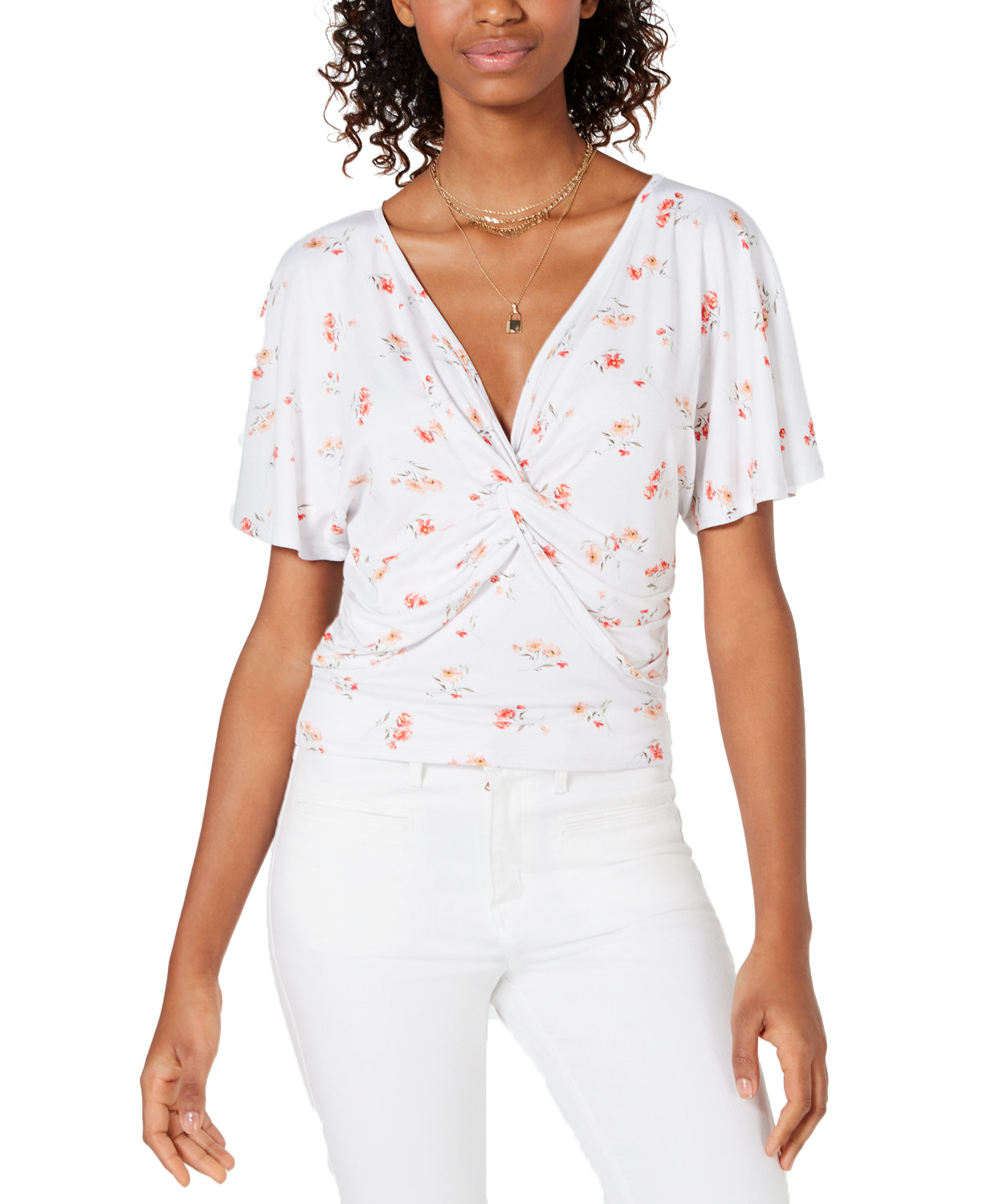 Ultra Flirt Women Printed Knot Front Top White Peach Melba