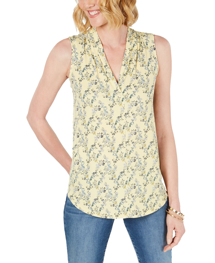 Charter Club Women Petite Printed Pleat Neck Top Citron Aura Combo