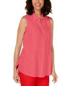 Charter Club Women Sleeveless Button Front Textured Linen Top Tuscan Coral