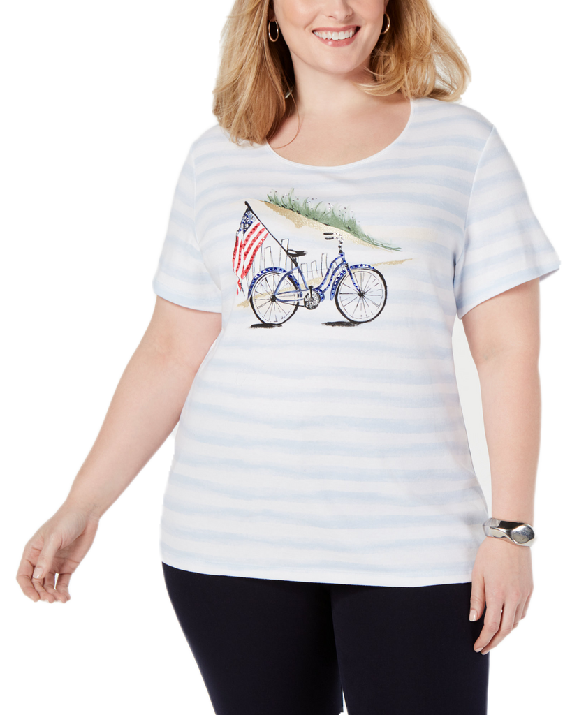 Karen Scott Women Plus Embellished Bike Striped T Shirt Indigo