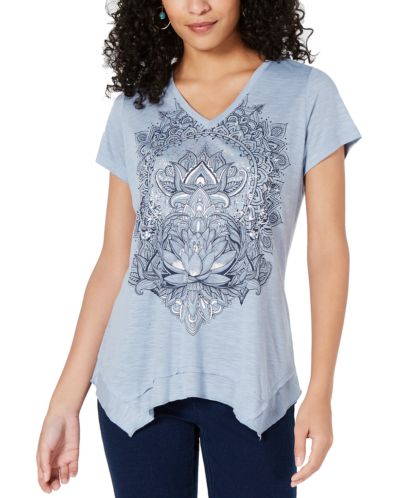 Style & Co Women Metallic Graphic Handkerchief Hem Top Lotus Sunrise