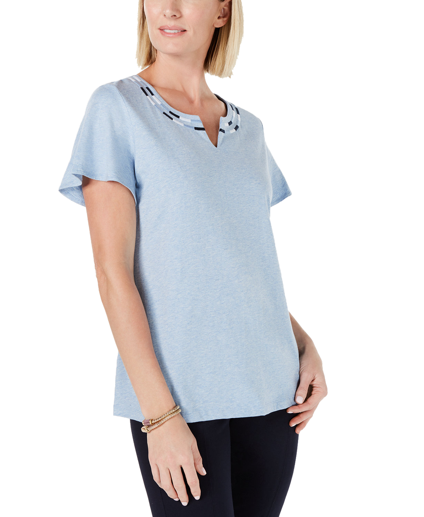 Karen Scott Women Embroidered Split Neck Top