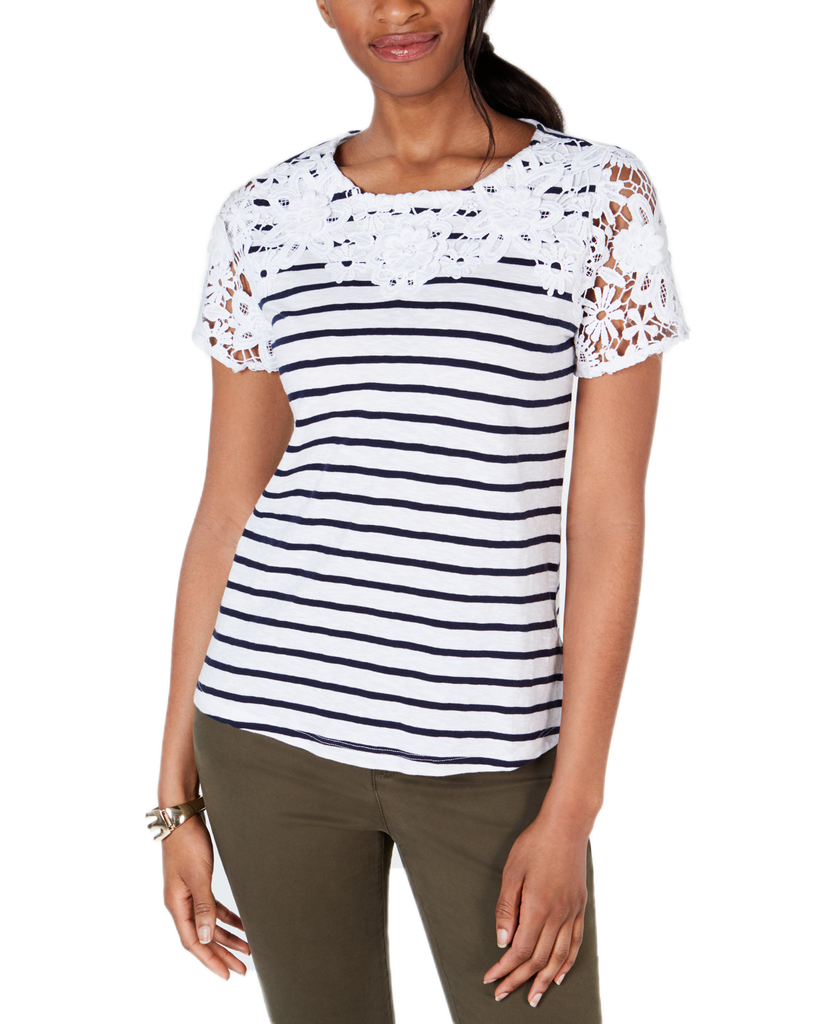 Charter Club Women Petite Embroidered Striped Top Bright White Combo