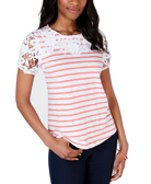 Charter Club Women Petite Embroidered Striped Top Tuscan Coral Combo