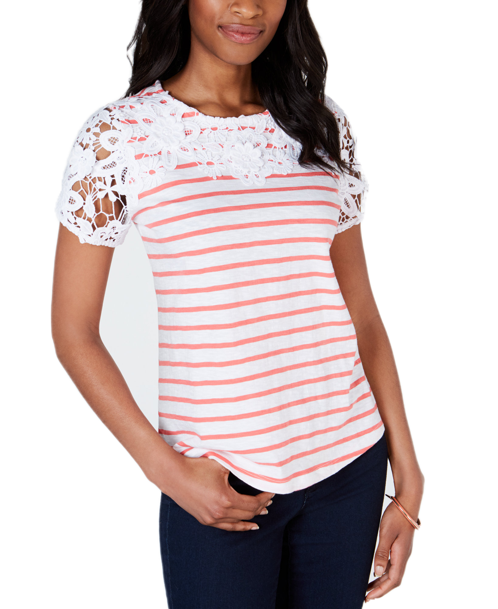 Charter Club Women Petite Embroidered Striped Top Tuscan Coral Combo