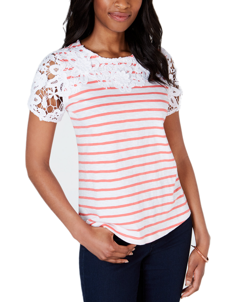 Charter Club Women Petite Embroidered Striped Top Tuscan Coral Combo