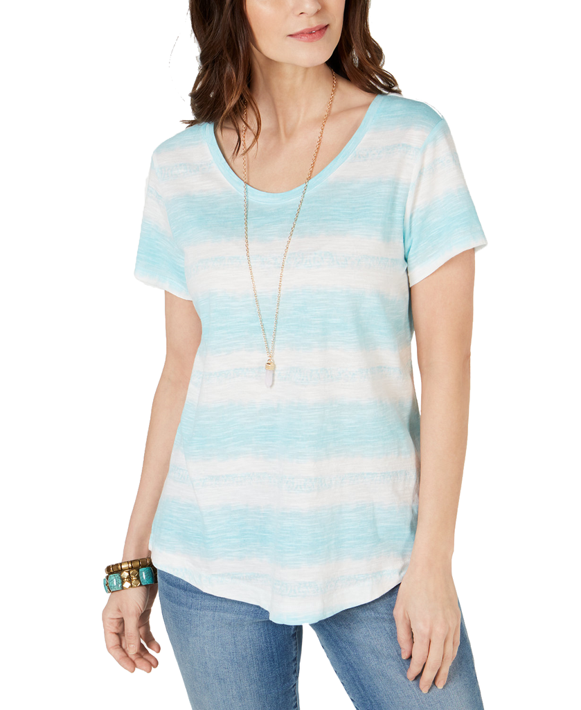 Style & Co Striped Cotton Scoop Neck T Shirt Freeway Dye Aqua