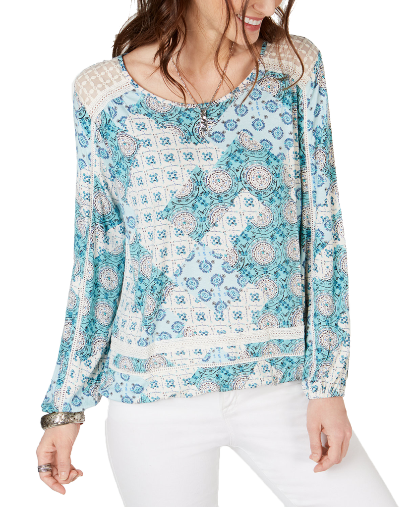 Style & Co Women Crochet Trim Bubble Hem Top Medallion Teal