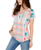 Style & Co Mixed Print Crochet Trim Peasant Top Garden Bliss