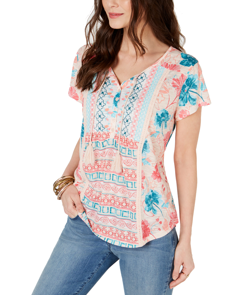 Style & Co Mixed Print Crochet Trim Peasant Top Garden Bliss