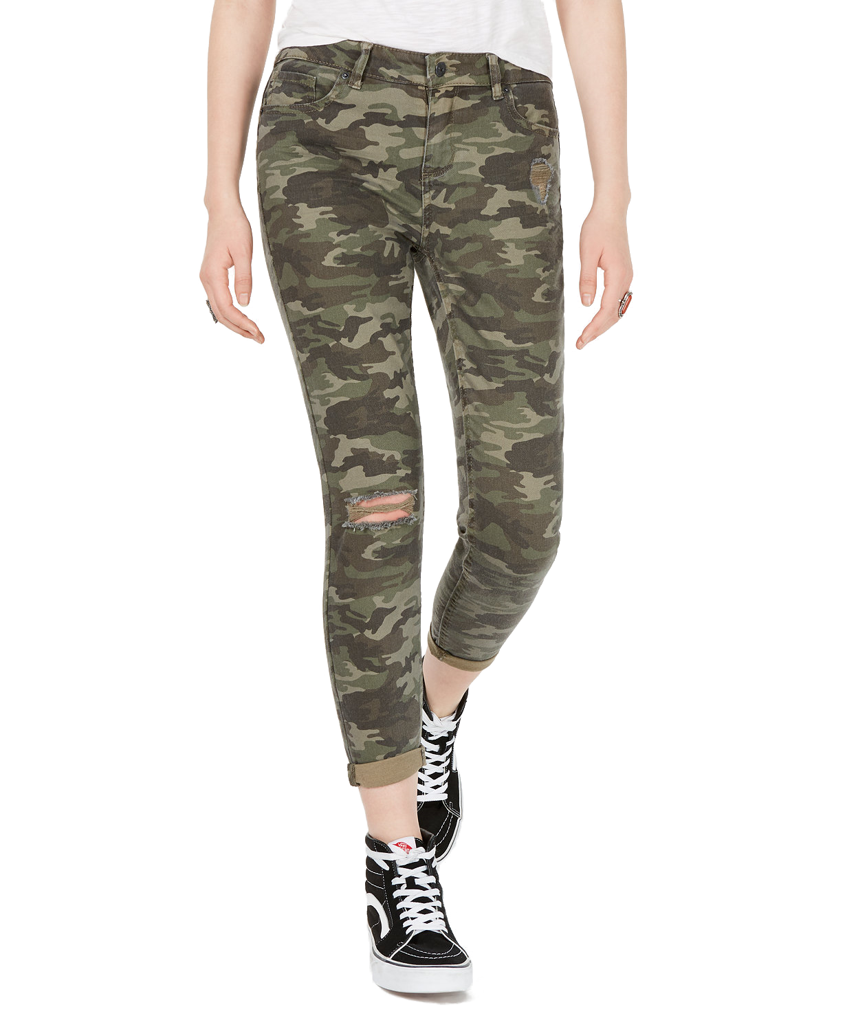 Vanilla Star Women Ripped Camo Cropped Skinny Jeans Camo