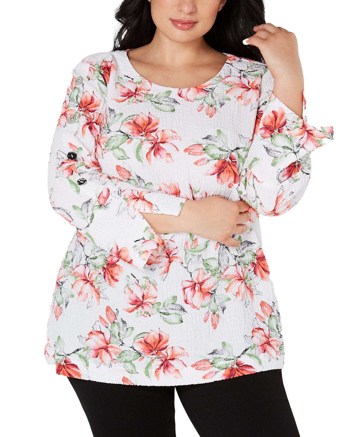JM Collection Women Plus Textured Printed Button Sleeve Top Carolina Blooms