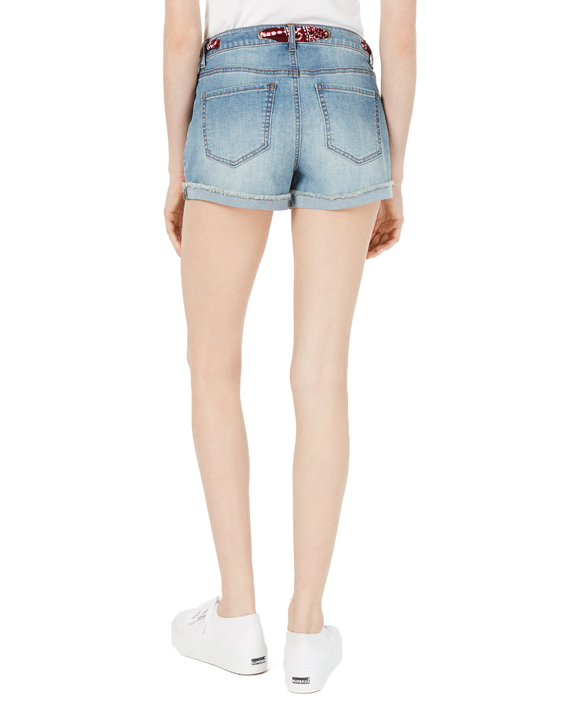 Vanilla Star Women Bandanna Belted Cuffed Denim Shorts