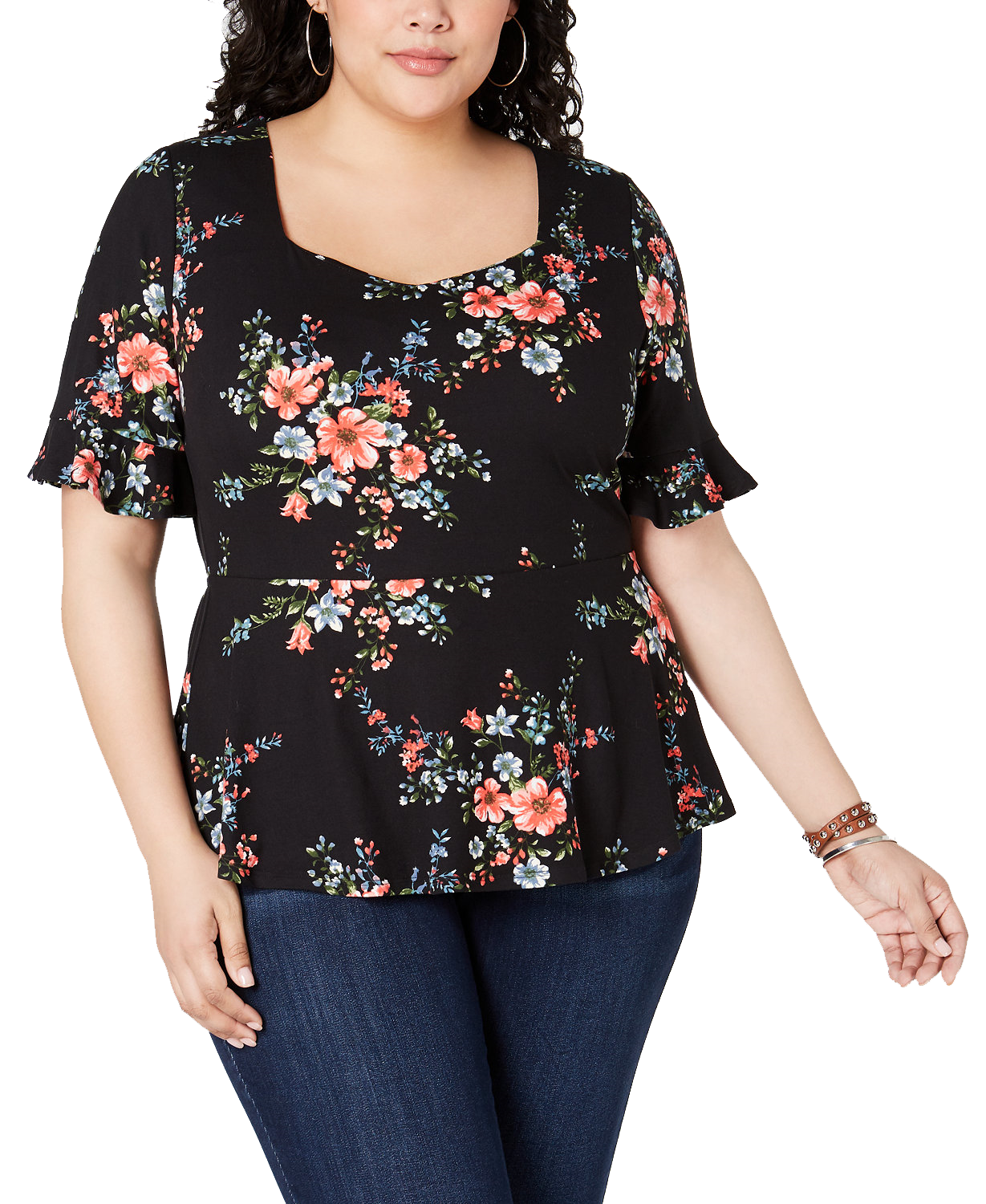 Monteau Women Plus Trendy Plus Size Flutter Sleeve Peplum Top Black