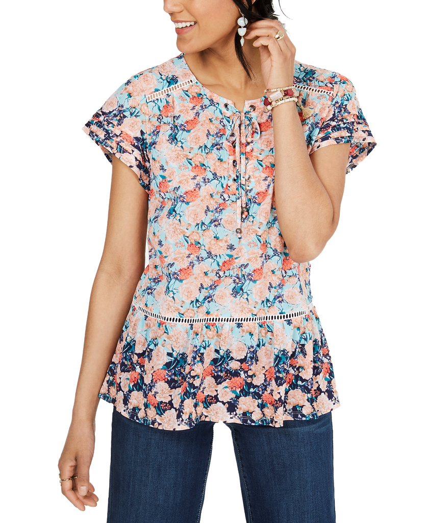 Style & Co Women Printed Ruffled Peasant Top Fresh Daze