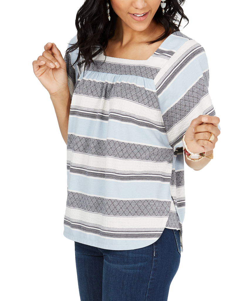 Style & Co Women Jacquard Stripes Square Neck Top Variegated Jacu