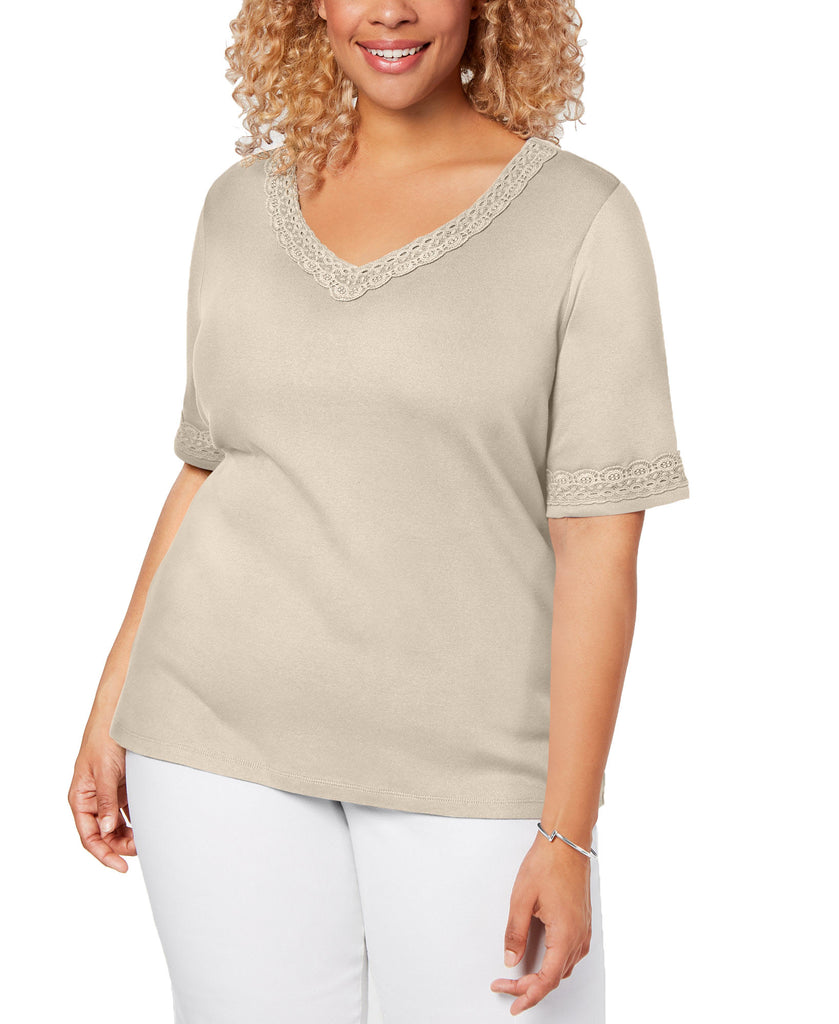 Karen Scott Women Plus Cotton Lace Trim T Shirt Pebble