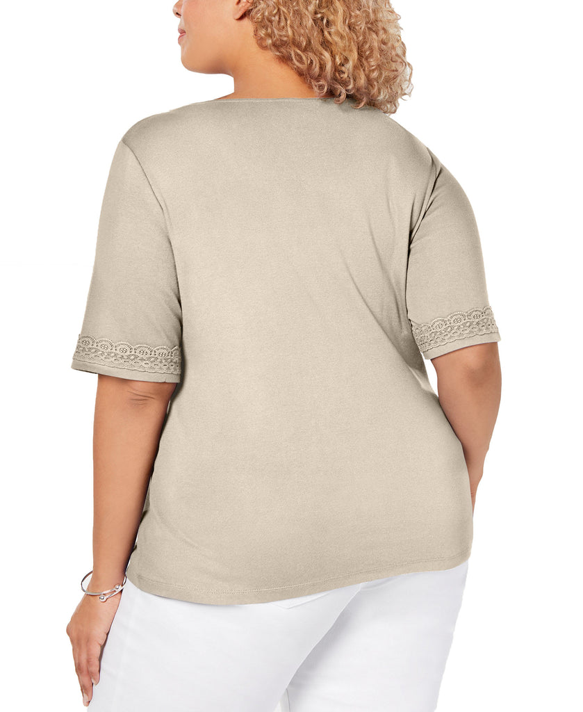 Karen Scott Women Plus Cotton Lace Trim T Shirt