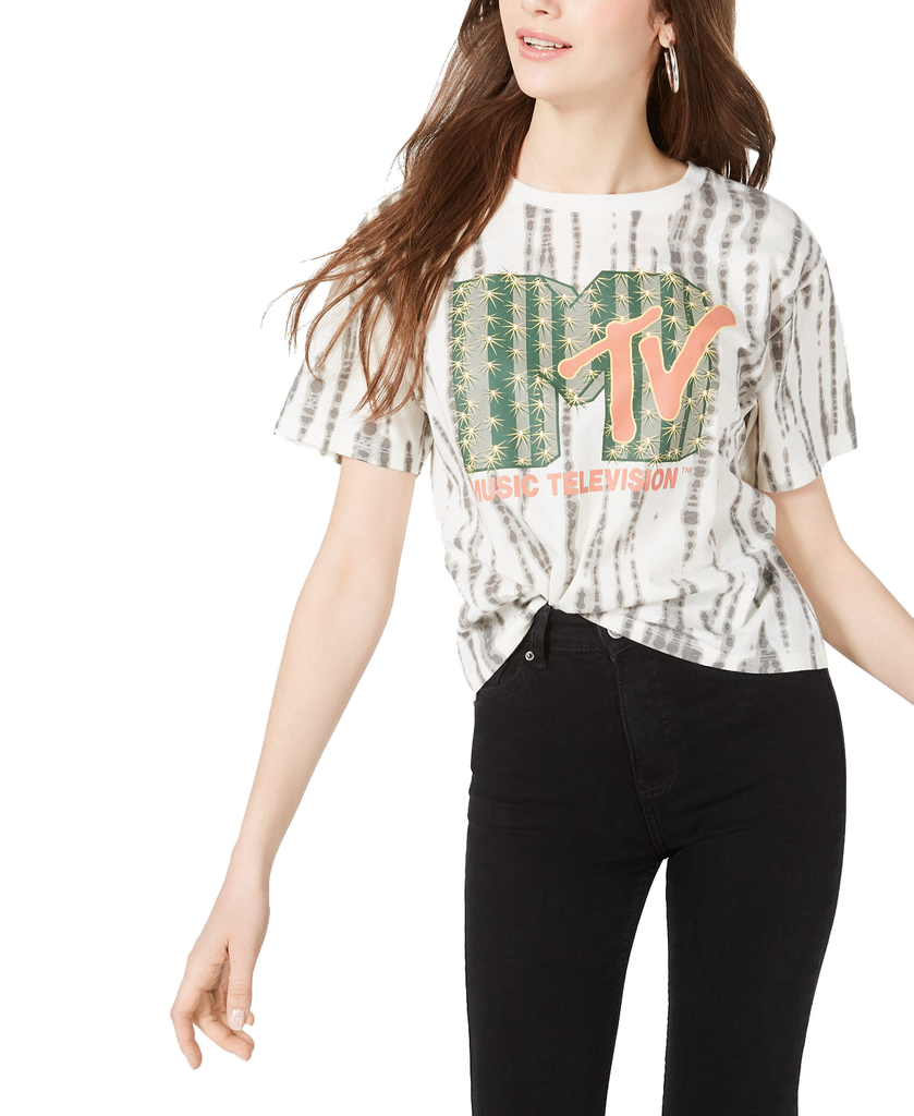Love Tribe Women MTV Printed Cropped Graphic T Shirt Snow White Bamboo Wash