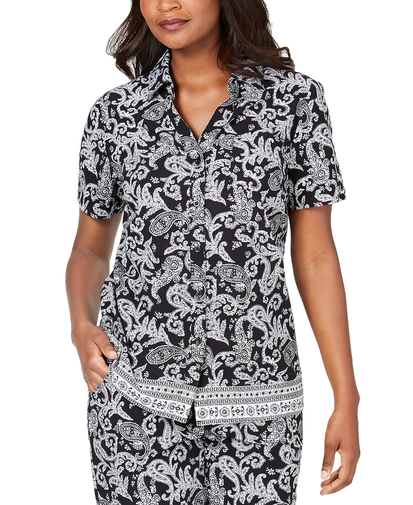 Karen Scott Women Paisley Print Shirt Black Combo