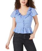 Planet Gold Women Printed Ruffled Peplum Top Cornflower Blue