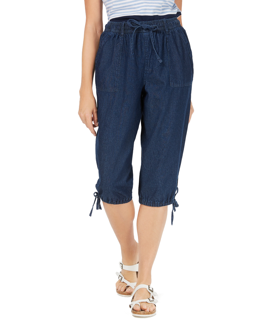 Karen Scott Women Drawstring Denim Cotton Capri Pants Twilight Wash