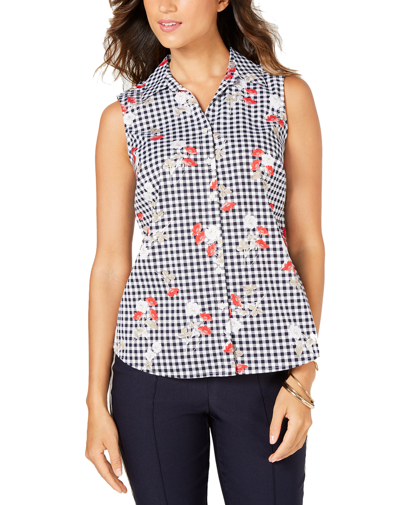 Charter Club Women Sleeveless Floral Gingham Blouse Bright White Combo