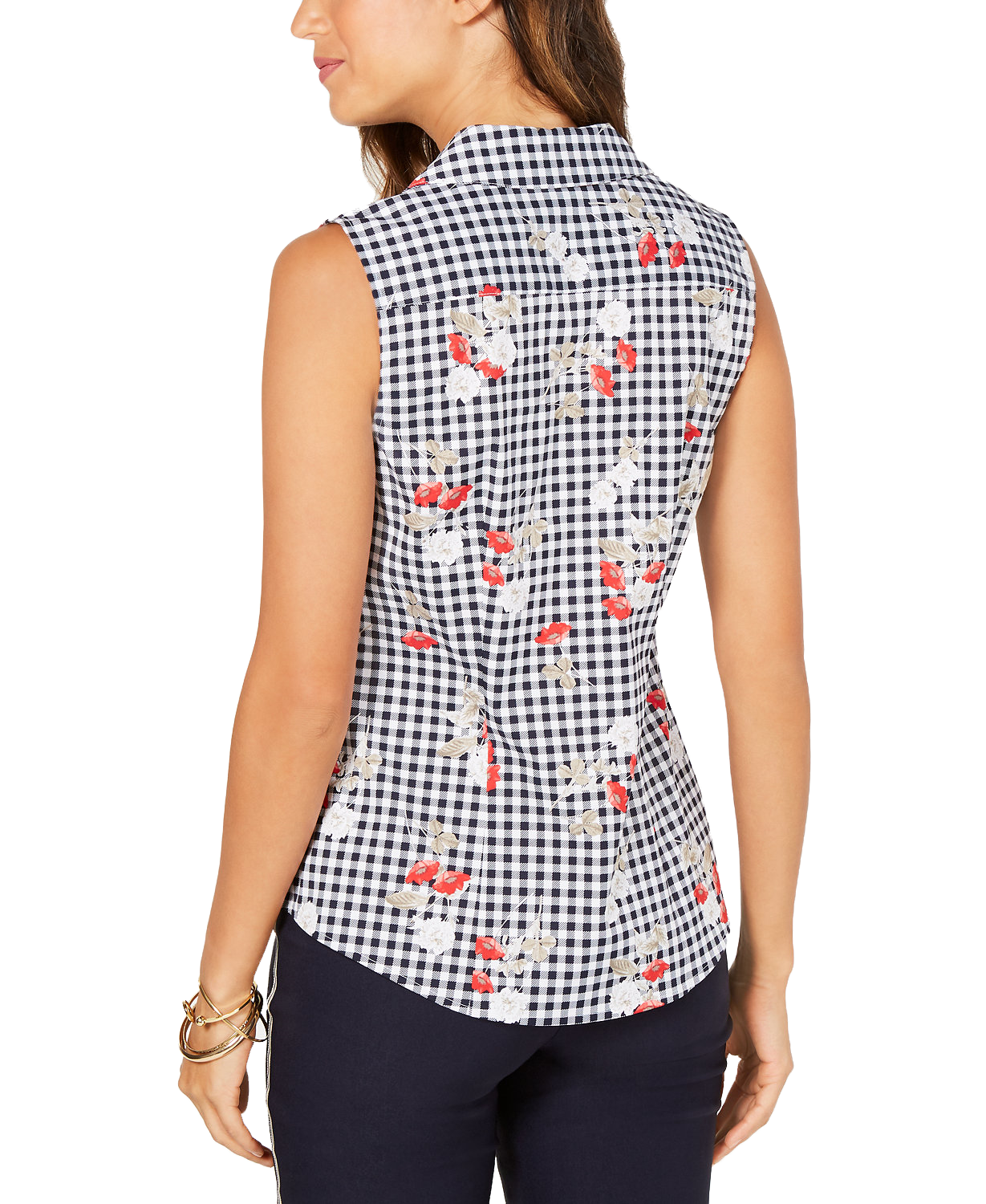 Charter Club Women Sleeveless Floral Gingham Blouse