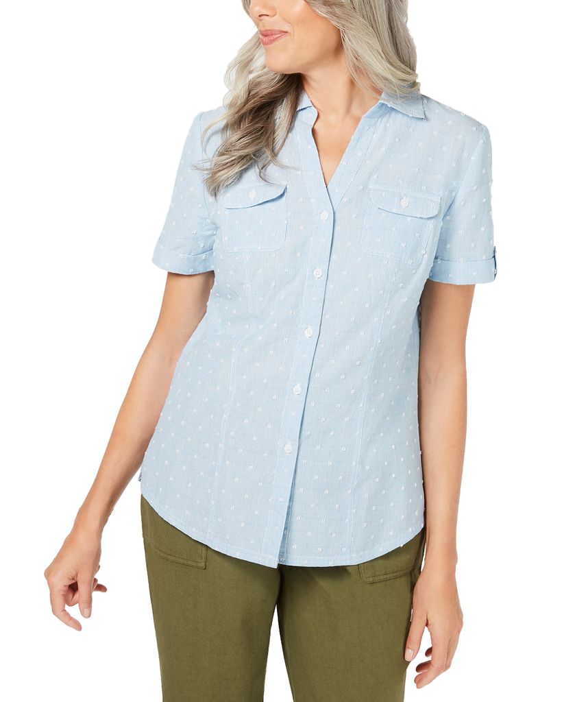 Karen-Scott-Women-Petite-Cotton-Textured-Striped-Shirt-Blue-Chambray-Combo