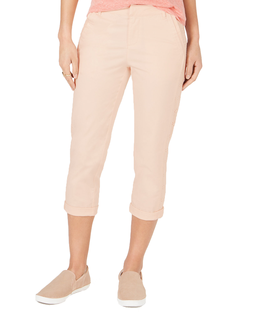 Style & Co Women Eyelet Trim Capri Pants Pink Bliss