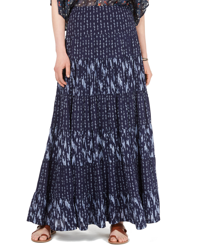 Style & Co Women Mixed Print Tiered Maxi Skirt Distressed Dash