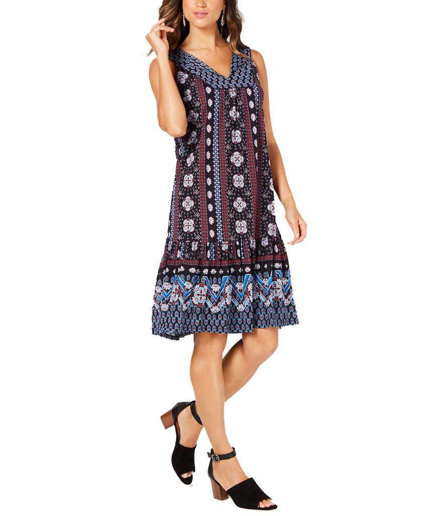 Style & Co Women Geo Medley Printed Flounce Hem Dress Geo Medley Ink