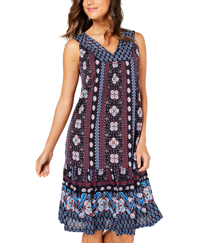 Style & Co Women Petite Geo Print Flounce Dress