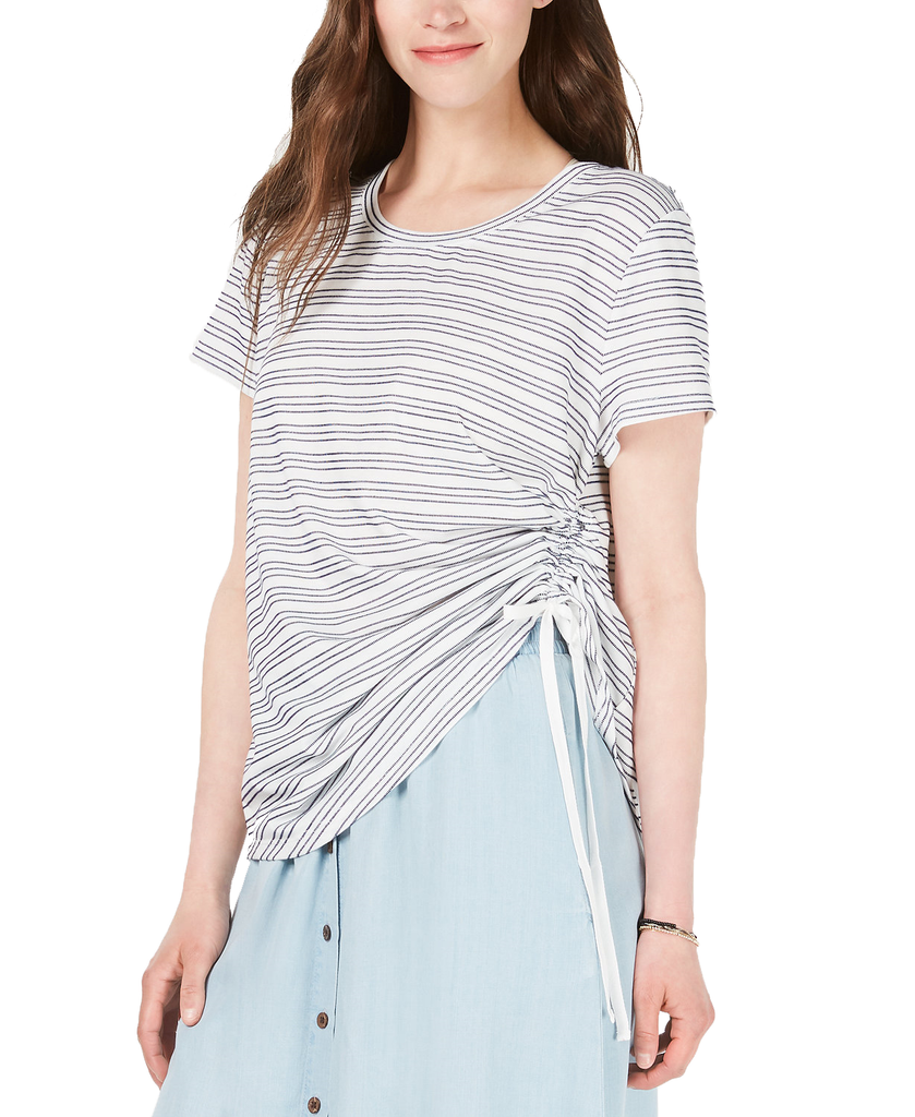 Style & Co Women Striped Side Ruched Top Ticking Stripe Blue