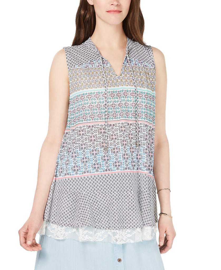 Style & Co Women Printed Lace Trim Top New Wave