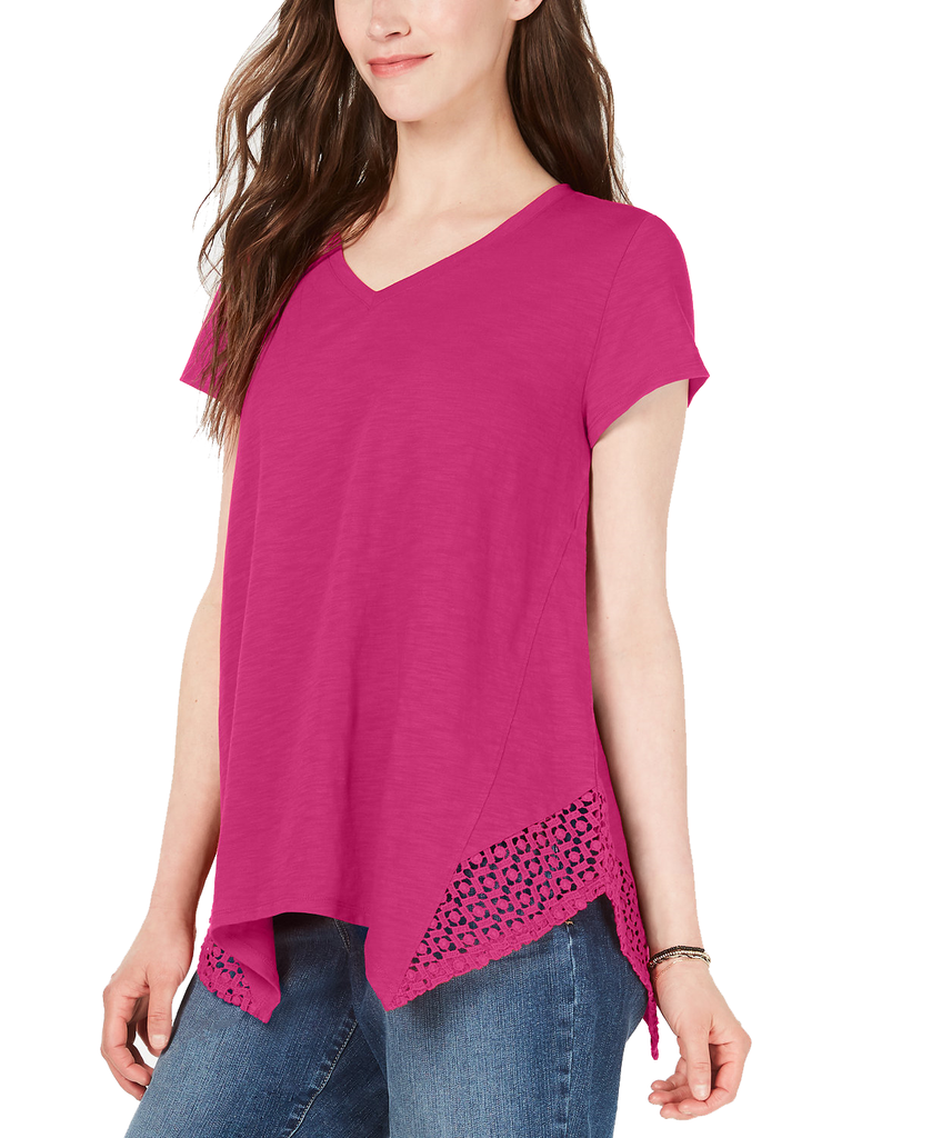 Style & Co Women Crochet Handkerchief Hem T Shirt Pink Breeze