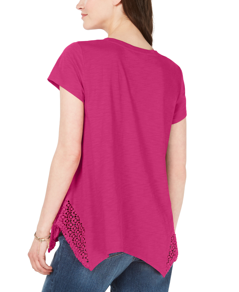 Style & Co Women Crochet Handkerchief Hem T Shirt