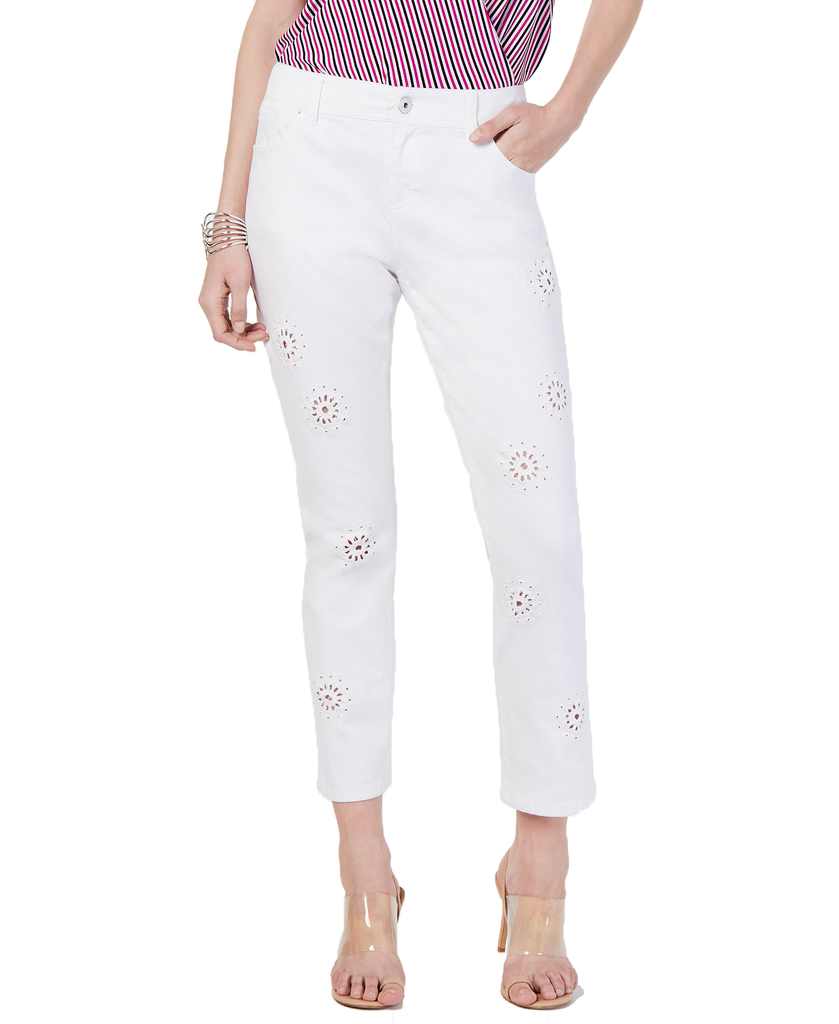 INC International Concepts Women Eyelet Cropped Boyfriend Jeans White