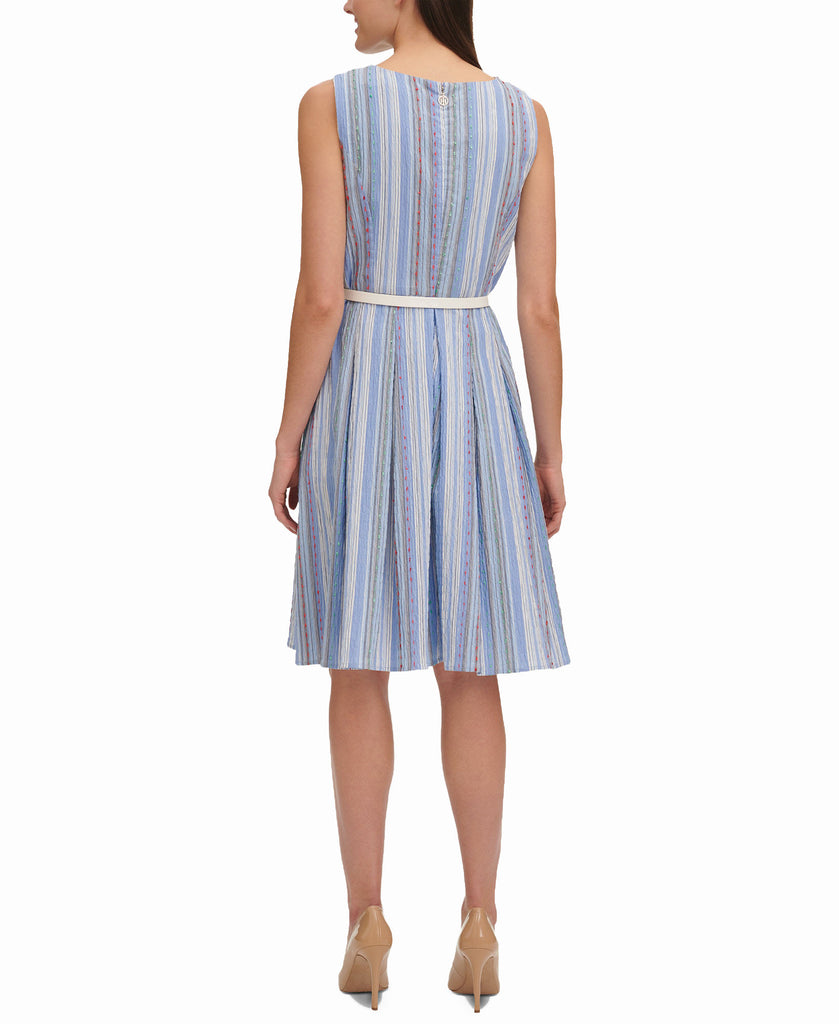 Tommy Hilfiger Women Petite Crinkle Striped Belted Fit Flare Dress