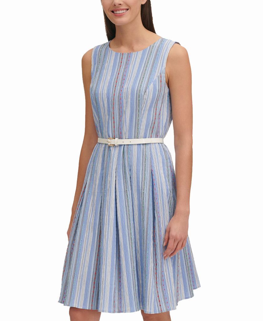 Tommy Hilfiger Women Petite Crinkle Striped Belted Fit Flare Dress