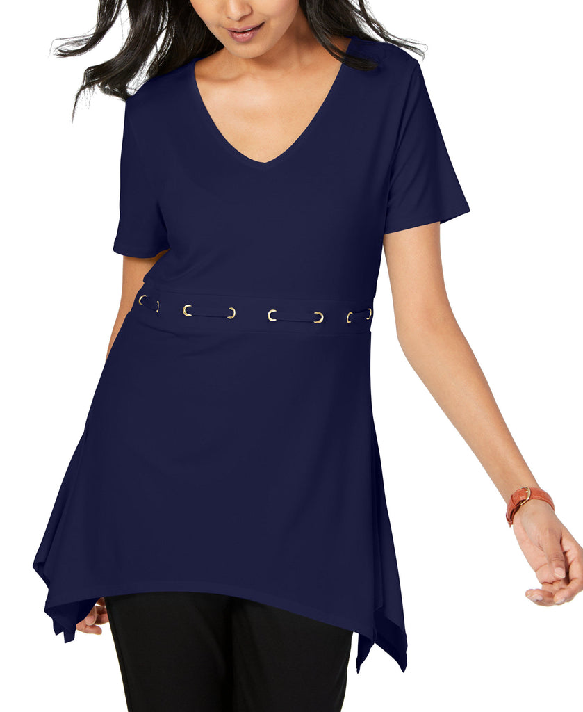 JM Collection Women Grommet Waist V Neck Tunic Intrepid Blue