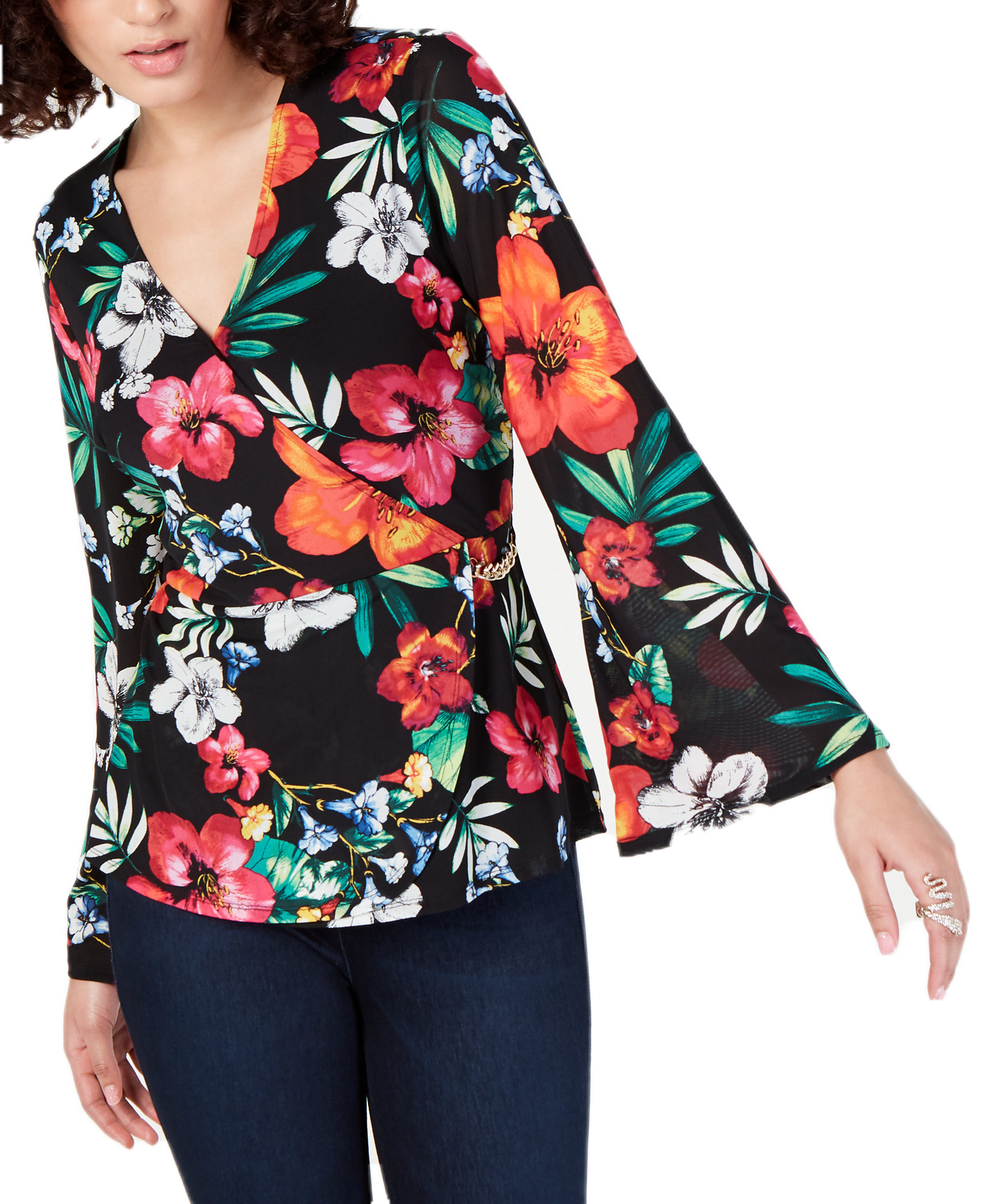 Thalia Sodi Women Tropical Print Surplice Blouse Tropical Floral