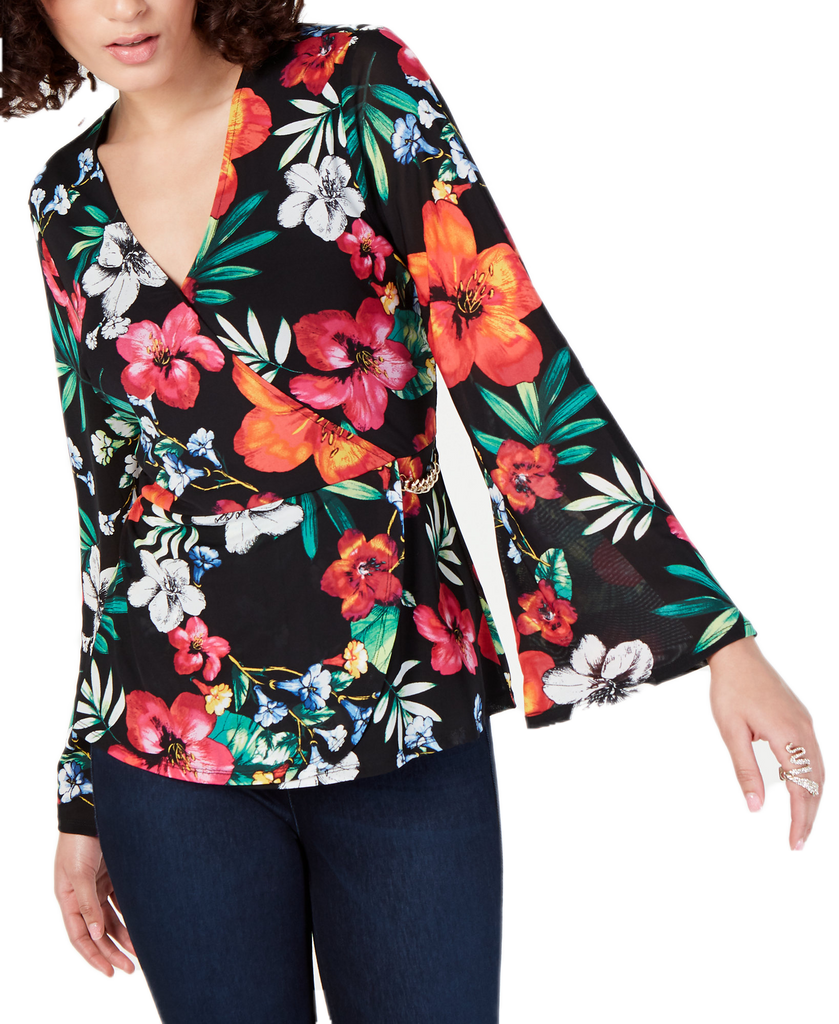 Thalia Sodi Women Tropical Print Surplice Blouse Tropical Floral