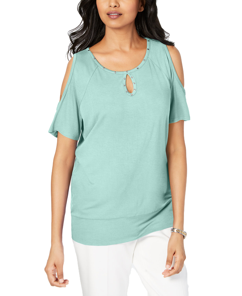 JM Collection Women Studded Cold Shoulder Top Aqua Flash