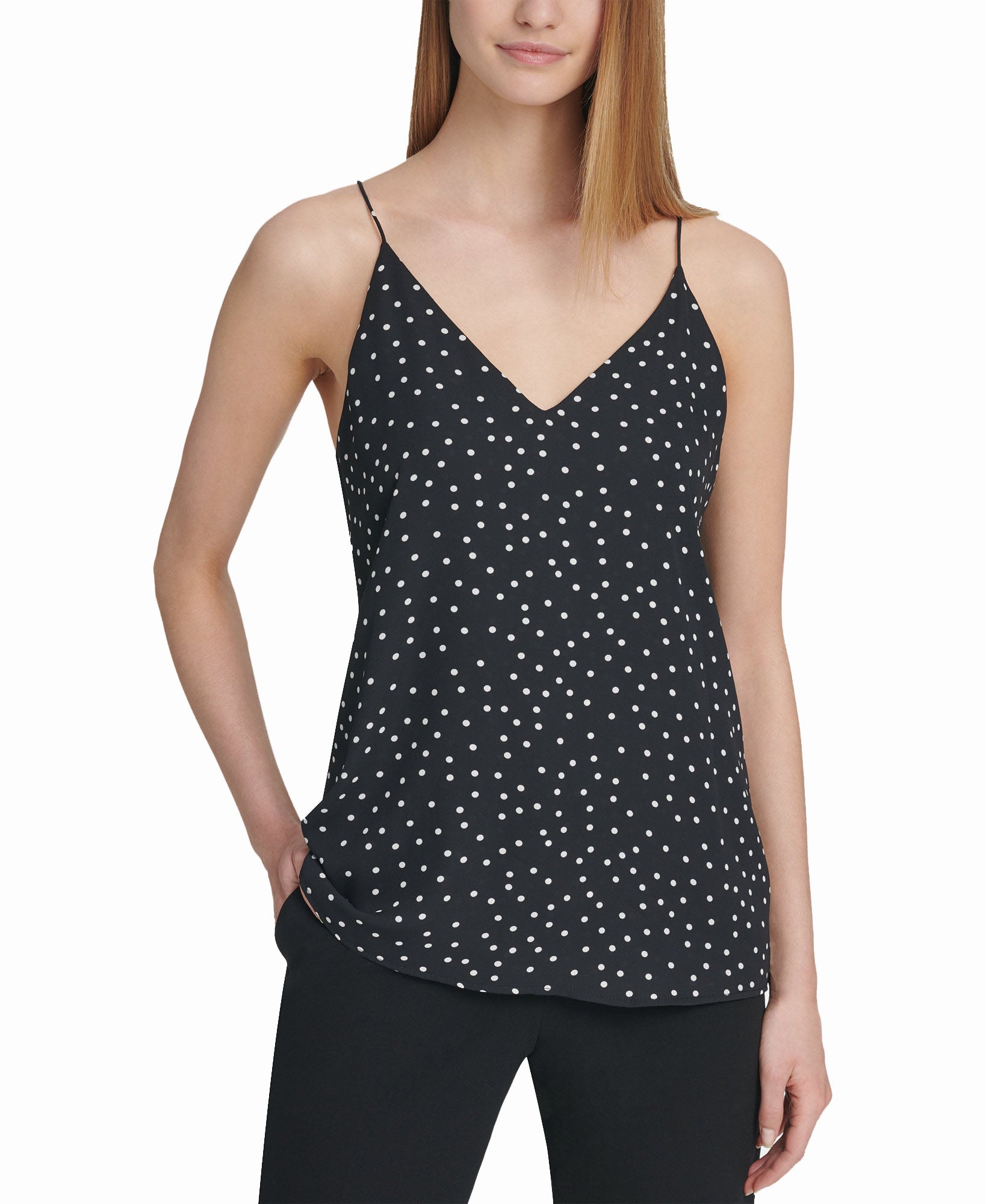 DKNY Women Petite Dot Print Strappy Top Black White
